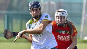 <p>Carlow's Eve Sinnott tries to get in a hook as Meath captain Leah Devine attempts to clear her lines Photo: Orla Crocock</p>