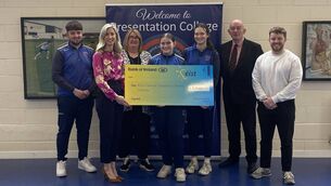 <p>Seamus Bible, Lorna McGrath of Éist Cancer Support Centre pictured with Ms Janet Bradley, Joanne Cranny, Holly Hughes, Principal Ray Murray and Mr Wes Fennell. Missing from photo: Alanna Sirr.</p>