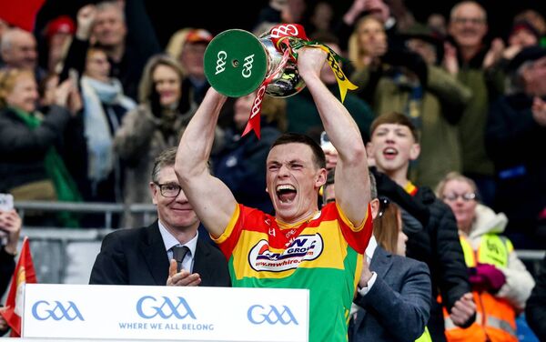 Mikey Bambrick creates history as the first captain of a Carlow senior football team to lift silverware at Croke Park Photo: ©INPHO/Nick Elliott