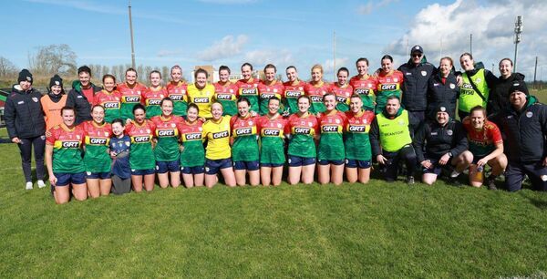 Carlow celebrate are securing a place in Division 3 for next season, and a place in this year's Division 4 National League Final Photo: Pat Ahern