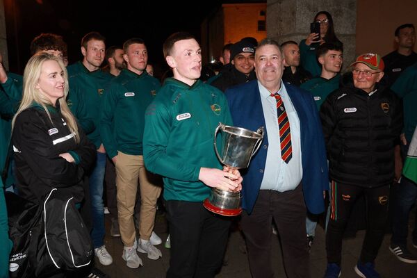 Carlow GAA chairman John McDonald watches on as Mikey Bambrick says a few words at the homecoming in Haymarket Photo: Pat Ahern