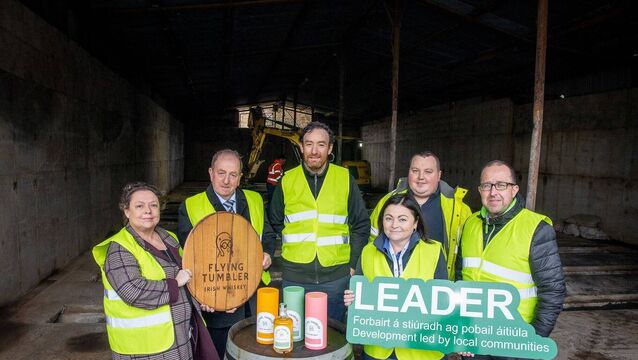 <p>Celebrating breaking ground on the new Flying Tumbler whiskey production facility at Larch Grove Farm, Carlow were: Annette Fox, CEO of Carlow County Development Partnership; cllr Tommy Kinsella; Patrick Walsh, Flying Tumbler Irish Whiskey; Erica Fox, LEADER co-ordinator at CCDP; David Nolan of Thcoda Ltd; and Seamus Doran, Carlow LEO </p>