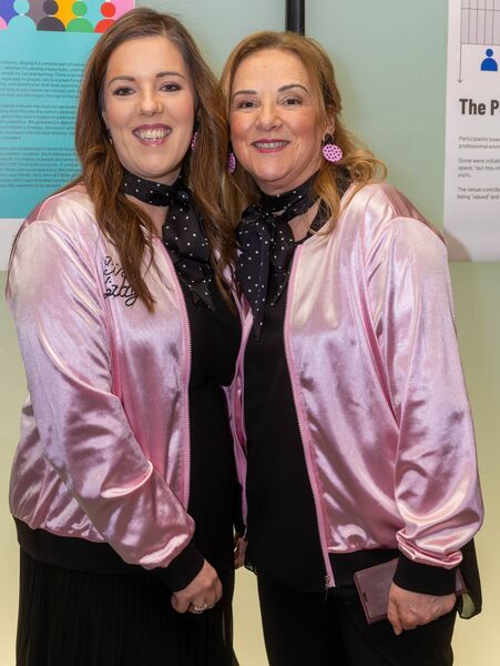 Principal of St Mary's Academy CBS Fiona Lennon, right, with Orlagh Ní Fhaolain, principal of Gaelcholáiste Cheatharlach, dressed as Pink Ladies 
