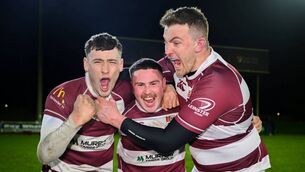 <p>Tullow RFC players celebrate after their side's victory in the Bank of Ireland Provincial Towns Cup semi-final Photo: Shauna Clinton/Sportsfile </p>