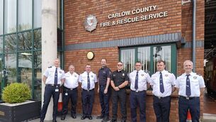 <p>Carlow fire officers alongside fire chief Darrell Duty from Tempe Fire Medical Rescue Department, Arizona, USA and chief fire officer Markus Green from Räddningstjänsten Fyrbodal, Sweden</p>