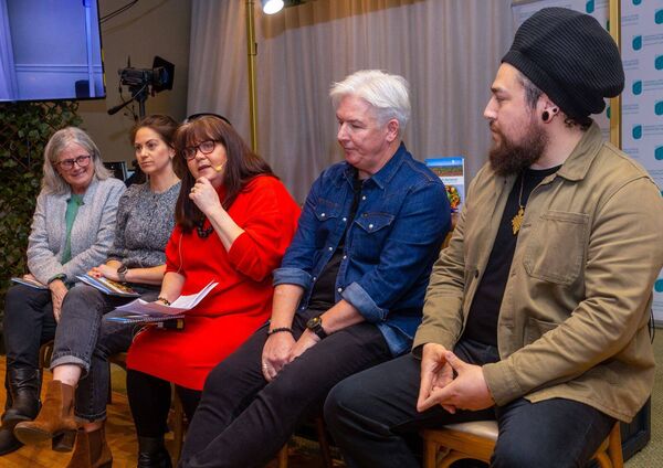 Jannette O'Brien (Climate Action Coordinator Carlow County Council, centre, with panelists Paula Leydon (The Goodly Barrow Café), Ciara Stanley (Coppenagh House Farm), Kevin Oman (The Live Kitchen) and Mikael Galvez (Gaelic Fungi Farms) during the Embracing Change event