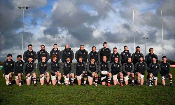 The Tullow RFC squad pose for a team photograph ahead of the Bank of Ireland Provincial Towns Cup semi-final match against Naas RFC Photo: Shauna Clinton/Sportsfile 