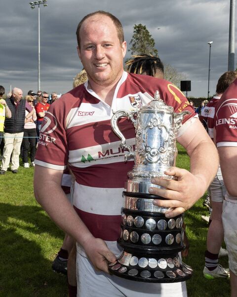 Tullow RFC captain Scott Calbeck with the Provincial Towns Cup after the win over Ashbourne in the 2024 final Photo: Thomas Nolan  