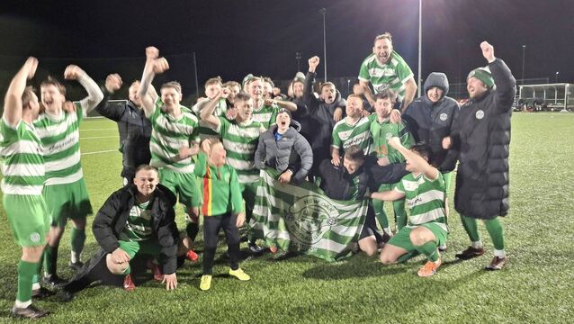 <p>The celebrations start for New Oak after they were crowned Nationalist Premier Division champions</p>