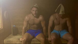 <p>Shane Fata and Connor Halpenny enjoying the sauna</p>