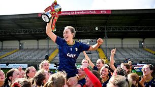 <p>Carlow captain Roisin Bailey, centre, celebrates with the Lidl National League Division 4 cup but all the attention is now on the Championship ahead Photo: Sam Barnes/Sportsfile </p>