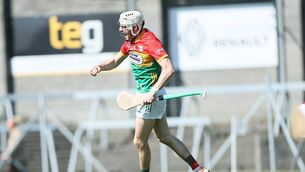 <p>Conor Kehoe celebrates scoring Carlow's opening goal against Westmeath in TEG Cusack Park Photo: Pat Ahern</p>