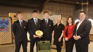 <p>Luke McGrath, Daniel Collins, Peter Kavanagh (Coláiste Eoin, Hacketstown), Yvonne O'Neill (National Co-ordinator for Student Enterprise Programme, Terri Smith (Local Enterprise Offices Centre of Excellence), Gareth Evans (Chair of the Local Enterprise Offices, Enterprise Education Committee) </p>