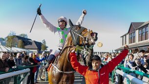 <p>Paul Townend celebrates winning the Ladbrokes Punchestown Gold Cup with Gaelic Warrior </p>
