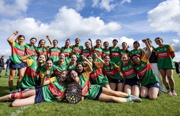Carlow celebrate with the All-Ireland U16 B Shield after beating Down in the final at St Peregrine's in Dublin.