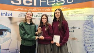 <p>Róisín Tunstead and Méabh Corcoran, winners of the EirGrid Cleaner Climate Award with Abbey Corr, EirGrid Engineer at SciFest Regional Competition, SETU Carlow. </p>