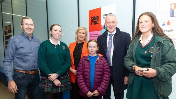 Keith and Kendra Brereton, principal Niamh Broderick, deputy principal Ian Curran and his daughter Clara with Ellen Graham