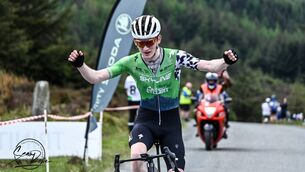 <p>Ronan O'Connor, riding for Skyline USA, wins the 2025 Shay Elliott atop Glenmalure. Riders in Rás Tailteann 2026 will have approximately 50 kilometres remaining in stage four when they reach the summit. Photo: Sean Rowe.</p>