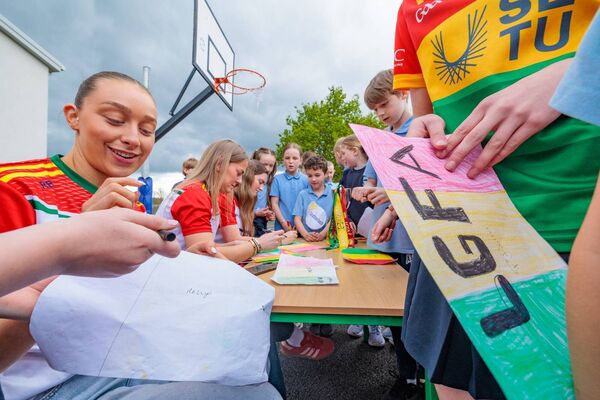 Carlow LGFA stars Sara Doyle, Aibha Kiernan-Butler and Róisín Bailey sign autographs during their visit to their former school Ballyconnell NS Carlow LGFA stars Sara Doyle, Aibha Kiernan-Butler and Róisín Bailey sign autographs during their visit to their former school Ballyconnell NS
