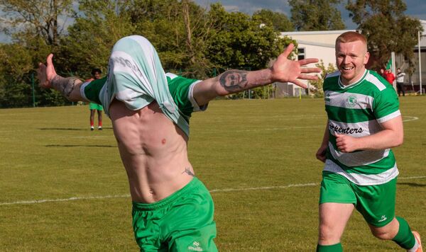 New Oak’s Dean Denieffe-Kelly celebrates scoring his side's second goal of the final.