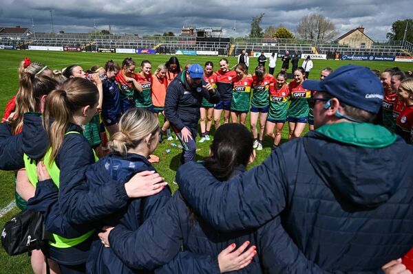 Carlow manager Ed Burke speaks to his team after they beat Longford in the TG4 Leinster Ladies Football Junior Championship Final at St Conleth's Park in Newbridge on Saturday. Photos: Ramsey Cardy/Sportsfile.