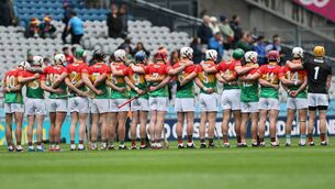 <p>The Carlow hurling team stand for a moments silence to honour former Laois great Jer Cuddy before the throw in. Photo: Pat Ahern. </p>