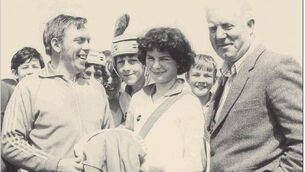 <p>Pat O'Brien, John Agar and John's father Bob at 1981 Féile presentation </p>