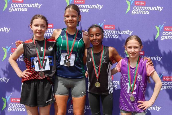 Girls u14 Hurdles: L to R: Carmen Skoczen (Slaney Valley), Annemarija Pilmane (Grange Tullow), Matab Mohammad Ibrahim (Burrin), Sophie Brennan (St Lazerians). Girls u14 Hurdles: L to R: Carmen Skoczen (Slaney Valley), Annemarija Pilmane (Grange Tullow), Matab Mohammad Ibrahim (Burrin), Sophie Brennan (St Lazerians).