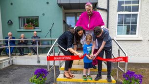 <p>Oldest and youngest pupils Jayden Waters and Sean Fitzgerald cut the ribbon to officially open the new extension at Ardattin NS, helped by principal Laura Vance and Bishop Denis Nulty Photos: Michael O'Rourke Photography</p>