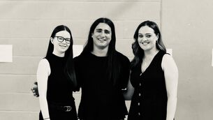 <p>MC Stage Academy tutors Pamela Earl and Michael Florin Cahill with Marie Cashin</p>