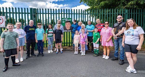 Family members including Peter's mother Antoinette, father Stephen, stepfather Dermot, siblings Margaret, Kellie-Anna, Erin, Scott and twin brother Quintan and grandparents Anne and PJ pictured at the Peter Byrne Memorial Soccer Match at New Oak FC in Carlow