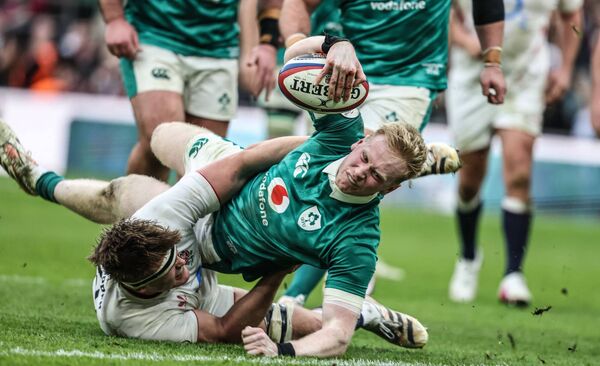 Jamie Osborne scores a try for Ireland in their 2026 Six Nations victory over England at Twickenham. Photo: INPHO Jamie Osborne scores a try for Ireland in their 2026 Six Nations victory over England at Twickenham. Photo: INPHO