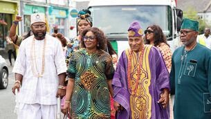 <p>Chief Abel Ayodeji, Nigerian ambassador to Ireland Ijeoma Chinonyerem Arimanwa Obiezu, Jude Hughes and Hakeem Onabote at the beginning of the Nigerian carnival parade in Carlow town last Friday Photo: Arnie McEvoy</p>