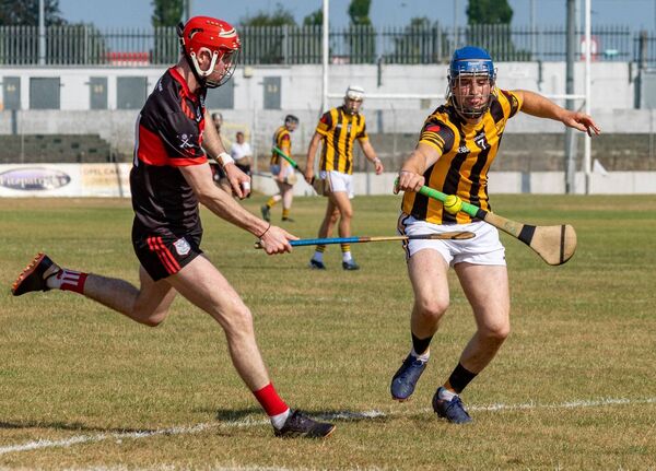 Mount Leinster Rangers Dean Tobin and Naomh Eoin’s Patrick Doyle contest this ball during their championship tie.