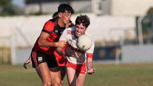 <p>Kildavin-Clonegal's Niall Hickey battles with Éire Óg's Mark Behan. Photo: Pat Ahern.</p> <p>Kildavin-Clonegal's Niall Hickey battles with Éire Óg's Mark Behan. Photo: Pat Ahern.</p>