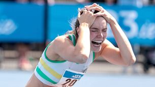 <p>Daena Kealy of St. Abbans A.C. celebrates after jumping a new personal best which won gold in the High Jump at the National Track and Field Championships at Morton Stadium, Santry Photo: ©INPHO/Morgan Treacy</p>