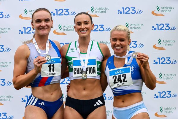 Top three in the ladies 100m final (L to R) Molly O'Rielly (DSD), Ciara Neville (Emeralds) and Molly Scott (SLOT).