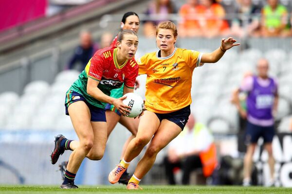 Carlow captain Róisín Bailey with Carla McKenna of Antrim Photo:©INPHO/Grace Halton Carlow captain Róisín Bailey with Carla McKenna of Antrim Photo:©INPHO/Grace Halton