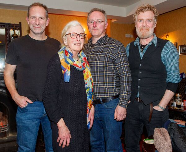 Glen Hansard (right) wtih artist, Philippa Bayliss and her sons James and Nicholas Garner at her 80th birthday party in Roberts Bar in Myshall. Photo: michaelorourkephotography.ie Glen Hansard (right) wtih artist, Philippa Bayliss and her sons James and Nicholas Garner at her 80th birthday party in Roberts Bar in Myshall. Photo: michaelorourkephotography.ie