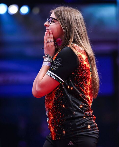 Rebecca Allen after throwing the winning dart in the Junior Darts Corporation Girls Series Final at the Winter Gardens stage in Blackpool. Credit: Taylor Lanning/PDC Rebecca Allen after throwing the winning dart in the Junior Darts Corporation Girls Series Final at the Winter Gardens stage in Blackpool. Credit: Taylor Lanning/PDC