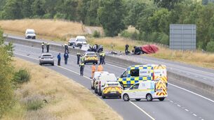 <p>Emergency services at the scene of the collision this morning on the M9 Photos: Aisling Hyland</p> <p>Emergency services at the scene of the collision this morning on the M9 Photos: Aisling Hyland</p>