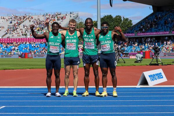 Irish Men's 4x100m relay team L to R (Israel Olatundu, Marcus Lawler, Sean Aigaboboh, Bori Akinowla). Photos: Perri Williams. Irish Men's 4x100m relay team L to R (Israel Olatundu, Marcus Lawler, Sean Aigaboboh, Bori Akinowla). Photos: Perri Williams.