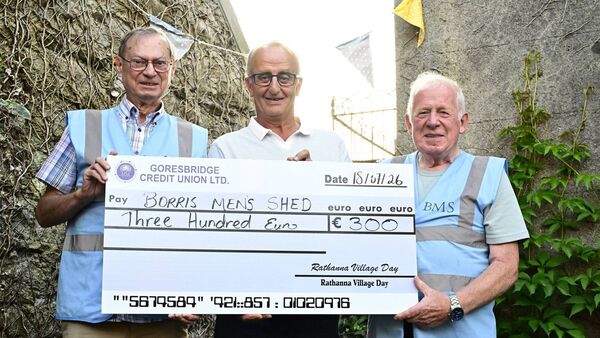 Matt Scully presents a donation to Tony Haywood and John Meaney to Borris Men's Shed Matt Scully presents a donation to Tony Haywood and John Meaney to Borris Men's Shed