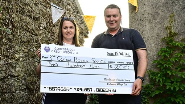 Sandra Stanley presents a donation to David Clerkin from 3rd Carlow Borris Scout Group Photo: Roger Jones Sandra Stanley presents a donation to David Clerkin from 3rd Carlow Borris Scout Group Photo: Roger Jones