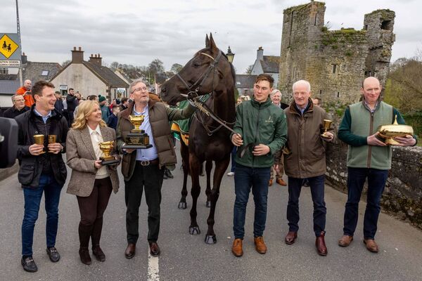 Crowds flocked the streets of Leighlinbridge to welcome home Galopin Des Champs after his Cheltenham Gold Cup wins in 2023, and here in 2024 Photo: ©INPHO/Morgan Treacy