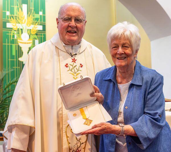 Fr.Tom Little presents the Benemerenti medal to Sr Joan Pierse during Mass in Askea to acknowledge her incredible 70 years of religious life as a nun Photo: © Michael O'Rourke Photography 2026 Fr.Tom Little presents the Benemerenti medal to Sr Joan Pierse during Mass in Askea to acknowledge her incredible 70 years of religious life as a nun Photo: © Michael O'Rourke Photography 2026