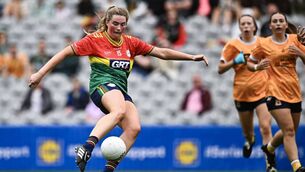 <p>Aibha Kiernan scoring Carlow's first goal in the LGFA TG4 All-Ireland Junior Championship final Antrim. She is one of seven Carlow players named on the Team of the Year Photo by Piaras Ó Mídheach/Sportsfile </p>