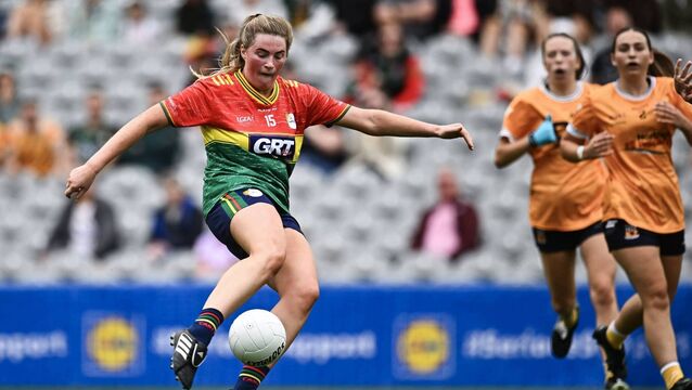 <p>Aibha Kiernan scoring Carlow's first goal in the LGFA TG4 All-Ireland Junior Championship final Antrim. She is one of seven Carlow players named on the Team of the Year Photo by Piaras Ó Mídheach/Sportsfile </p>