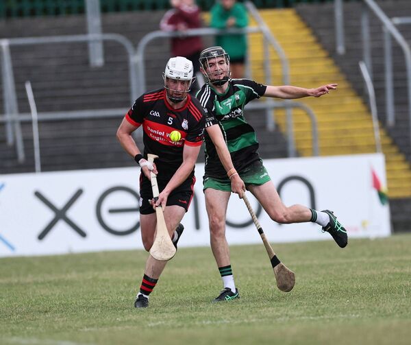 Kevin McDonald (Mount Leinster Rangers) under pressure from Sean Wall (Bagenalstown Gaels) 