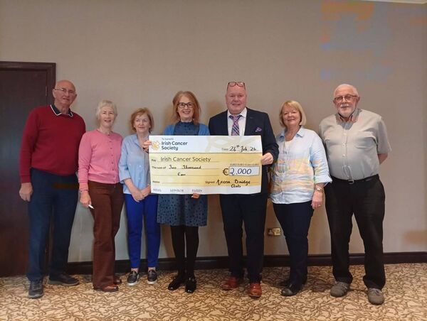 David Byrne, Betty Kelly, Anne Carpenter ex-officio, Una Kelly president of Acorn Bridge Club, Micheal Gallagher vice-president and representing the Gallagher family, Cathy Holmes and Colm Kelly tournament director presenting the fundraised money for the Irish Cancer Society. David Byrne, Betty Kelly, Anne Carpenter ex-officio, Una Kelly president of Acorn Bridge Club, Micheal Gallagher vice-president and representing the Gallagher family, Cathy Holmes and Colm Kelly tournament director presenting the fundraised money for the Irish Cancer Society.